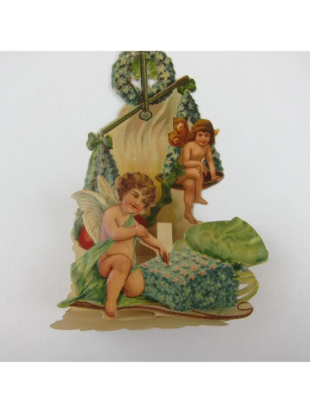 Vintage Valentine 3D Pop Up Die Cut Angel Boy Cupid Wings Scale Blue Flowers